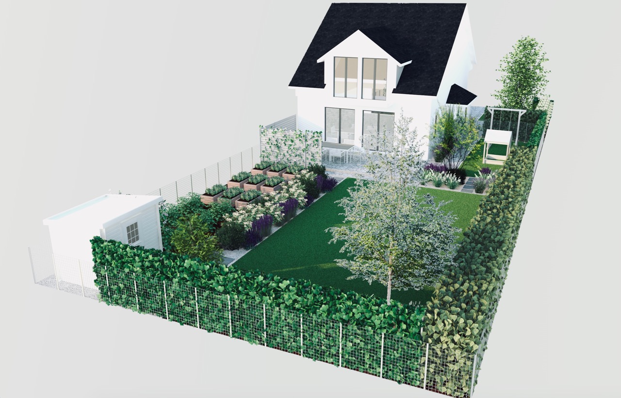 Wizualizacja projekt ogrodu, prostokątny trawnik, ogród warzywny