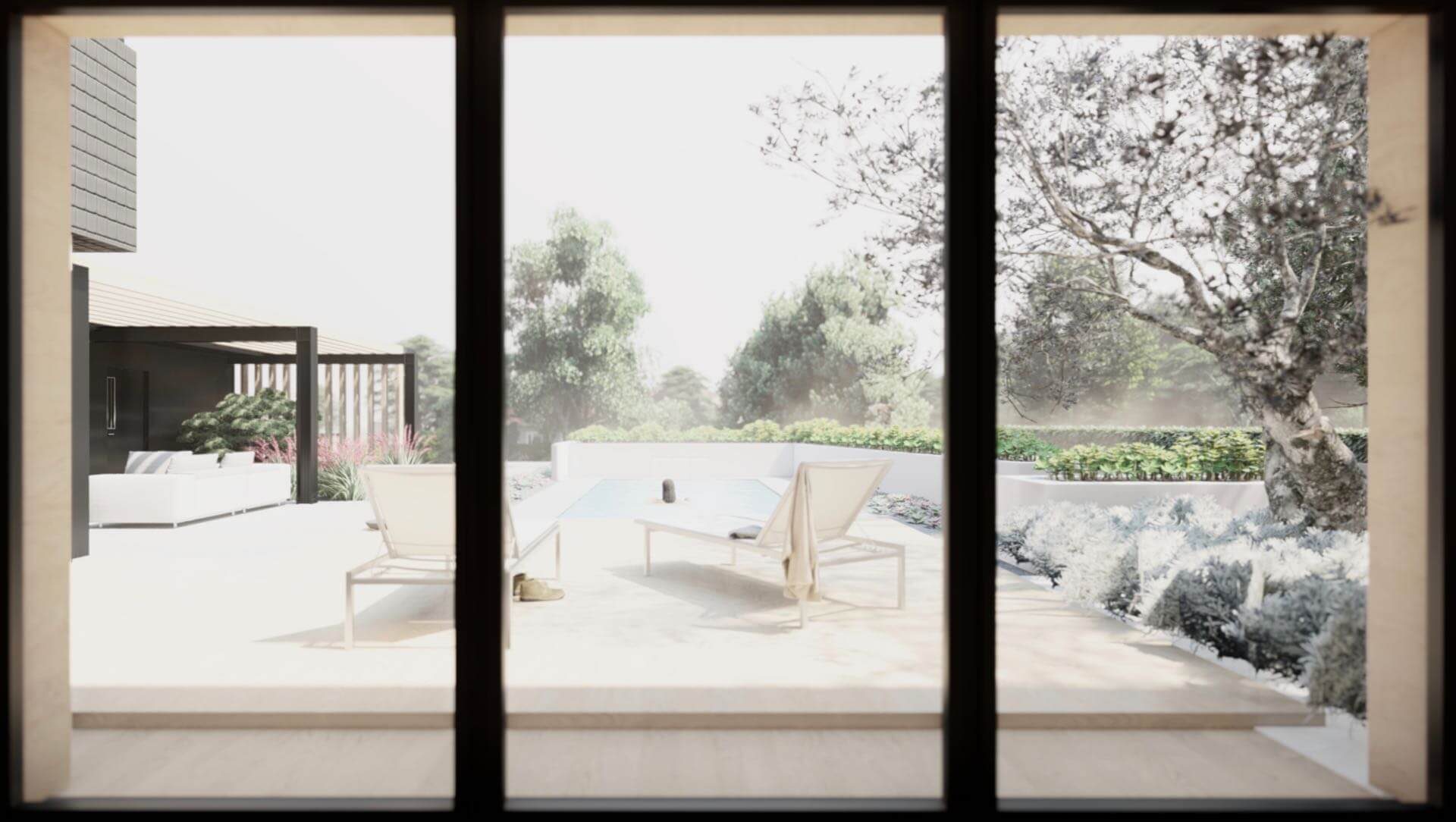 Widok z okna na taras i ogród wizualizacja